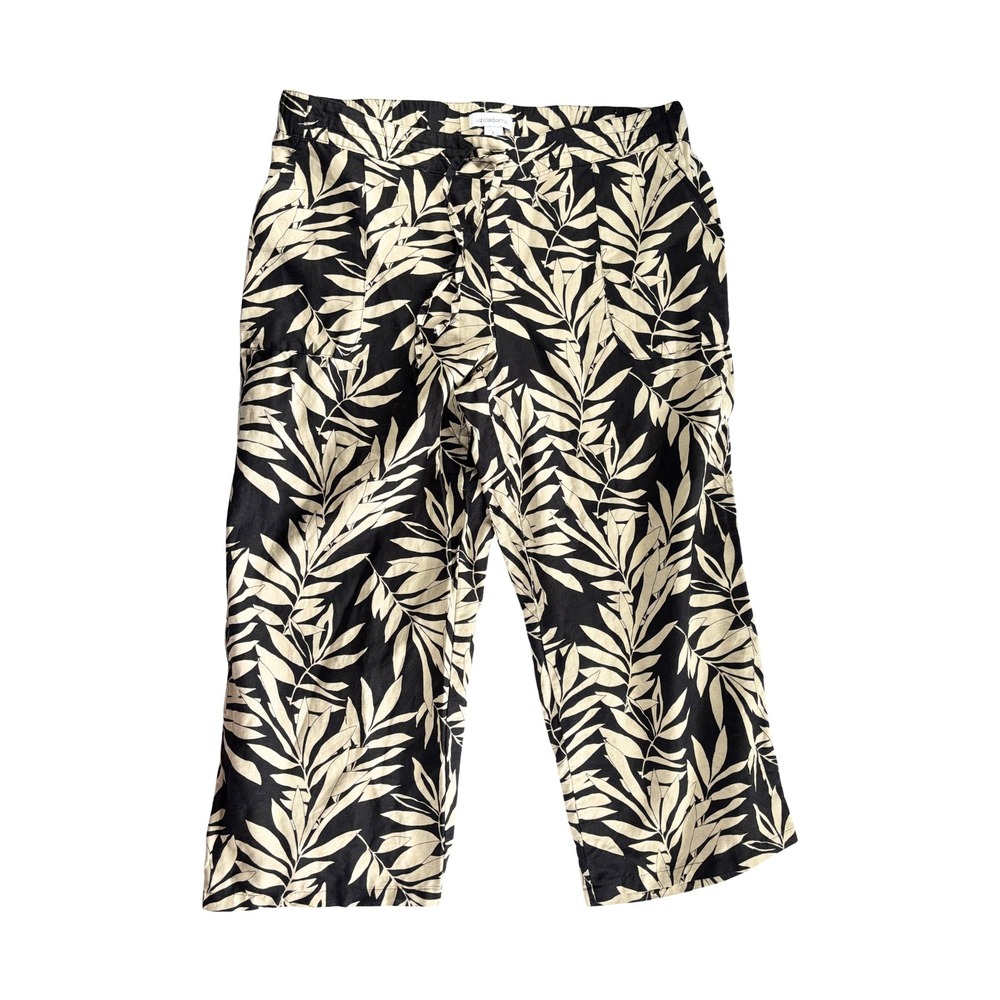 Liz Claiborne Beach Vintage Black Cream Palm Leaf Print Wide Leg Cotton Pants L